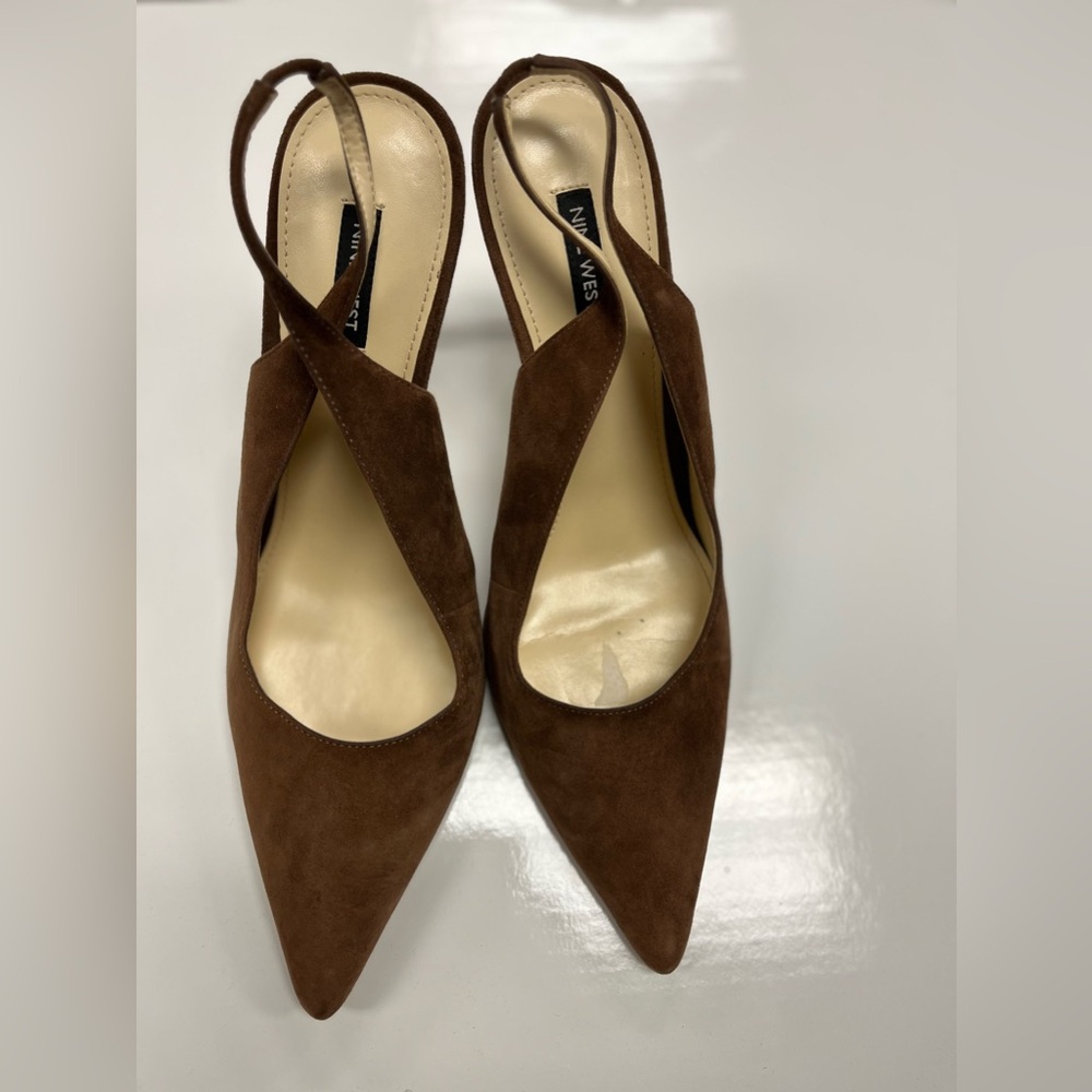 Nine West Feather‎ Pointy Toe Slingback Brown Suede Heels Sz. 12 - Picture 2 of 7